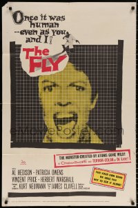 8t311 FLY 1sh 1958 classic sci-fi, close up of Patricia Owens screaming as seen through fly's eyes!