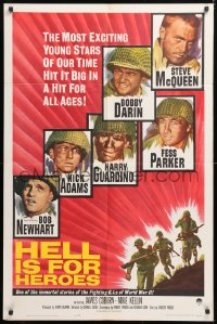 8t395 HELL IS FOR HEROES 1sh 1962 Steve McQueen, Bob Newhart, Fess Parker, Bobby Darin, WWII!