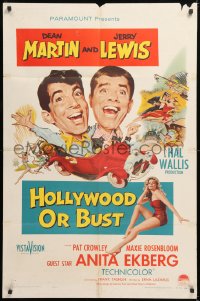 8t416 HOLLYWOOD OR BUST 1sh 1956 wacky art of Dean Martin & Jerry Lewis in car, Anita Ekberg!