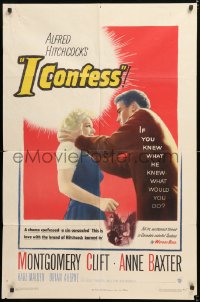 8t435 I CONFESS 1sh 1953 Alfred Hitchcock, art of Montgomery Clift grabbing Anne Baxter!