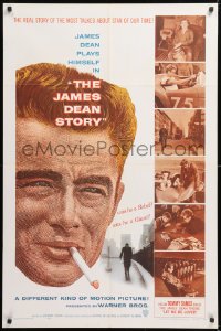 8t465 JAMES DEAN STORY 1sh 1957 cool close up smoking artwork, was he a Rebel or a Giant?