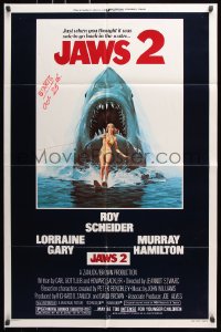 8t468 JAWS 2 1sh 1978 great classic art of giant shark attacking girl on water skis by Lou Feck!