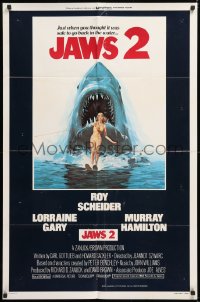 8t469 JAWS 2 int'l 1sh 1978 Roy Scheider, art of giant shark attacking girl on water by Lou Feck!