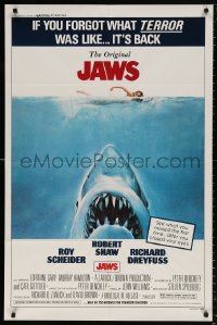 8t467 JAWS 1sh R1979 art of Steven Spielberg's classic man-eating shark attacking nude swimmer!