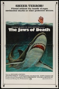 8t471 JAWS OF DEATH 1sh 1976 great artwork image of giant shark underwater w/ terrified sexy woman!