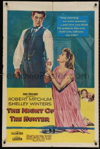 8t636 NIGHT OF THE HUNTER 1sh 1956 Robert Mitchum & Winters, Laughton's classic noir!