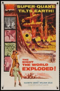 8t639 NIGHT THE WORLD EXPLODED 1sh 1957 a super-quake tilts the Earth, wild disaster artwork!