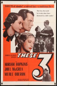 8t889 THESE THREE 1sh R1954 Miriam Hopkins, Merle Oberon & Joel McCrea targets of slander!