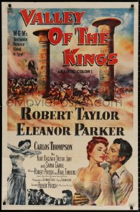 8t941 VALLEY OF THE KINGS 1sh 1954 cool art of Robert Taylor & Eleanor Parker in Egypt!