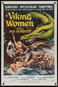 8t945 VIKING WOMEN & THE SEA SERPENT 1sh 1958 art of sexy female warriors attacked on ship!