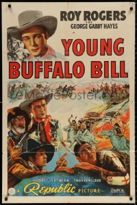 8t992 YOUNG BUFFALO BILL 1sh 1940 cool artwork of Roy Rogers, Gabby Hayes & Chief Thundercloud!