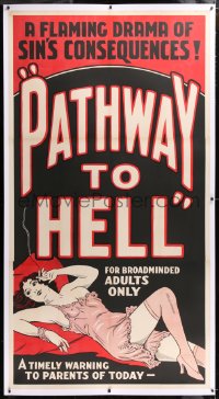 8x011 PATHWAY TO HELL linen 3sh 1930s flaming drama of sin's consequences, sexy bad girl art, rare!
