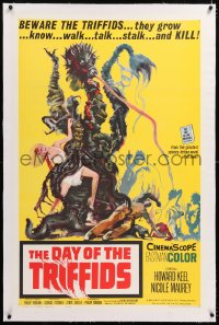 8x072 DAY OF THE TRIFFIDS linen 1sh 1962 classic English sci-fi horror, cool art of monster w/girl!