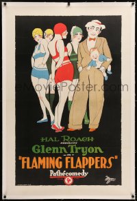 8x086 FLAMING FLAPPERS linen 1sh 1925 Hal Roach, art of Tryon holding baby w/4 skimpily clad girls!