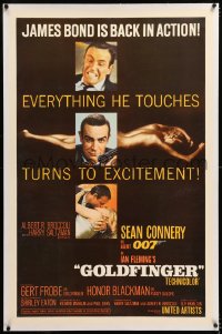 8x097 GOLDFINGER linen 1sh 1964 three images of Sean Connery as James Bond 007 & Shirley Eaton!