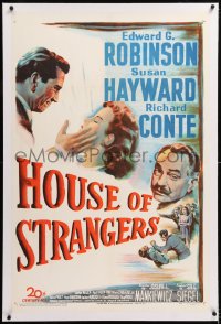 8x109 HOUSE OF STRANGERS linen 1sh 1949 Edward G. Robinson, Richard Conte slaps Susan Hayward!