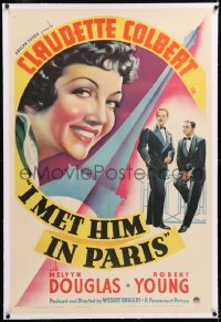 8x112 I MET HIM IN PARIS linen 1sh 1937 Claudette Colbert, Melvyn Douglas, Eiffel Tower art, rare!