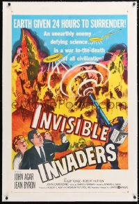 8x115 INVISIBLE INVADERS linen 1sh 1959 cool artwork of alien who gives Earth 24 hours to surrender!