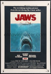 8x120 JAWS linen 1sh 1975 Roger Kastel art of Spielberg's man-eating shark attacking sexy swimmer!