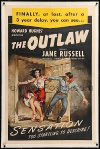 8x159 OUTLAW linen 1sh R1950 great different art of sexy Jane Russell & Jack Buetel, Howard Hughes!