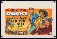 8y103 GIANT linen Belgian 1956 art of James Dean, Elizabeth Taylor & Hudson, George Stevens classic!