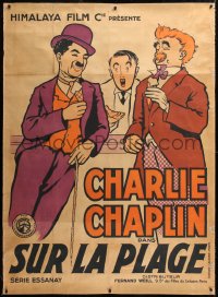 8y004 BY THE SEA linen French 1p 1920s art of Charlie Chaplin laughing & eating ice cream, rare!
