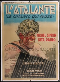 8y007 L'ATALANTE linen French 1p R1940 Jean Vigo, art of Michel Simon playing accordion, very rare!