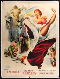 8y010 MOULIN ROUGE linen incomplete French 2p 1953 art of sexy cabaret dancer kicking, ultra rare!