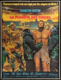 8y012 PLANET OF THE APES linen French 1p 1968 art of enslaved Charlton Heston by Jean Mascii!