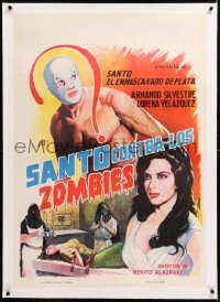 8y147 SANTO CONTRA LOS ZOMBIES linen Spanish poster 1964 great Marzal art of the masked wrestler!