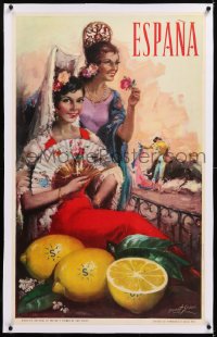 8y058 ESPANA linen 24x39 Spanish special poster 1962 Sauri art of beautiful women, lemons & matador!