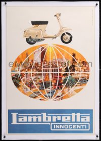 8y056 LAMBRETTA linen 27x39 Italian advertising poster 1950s art of the Innocenti scooter over city!