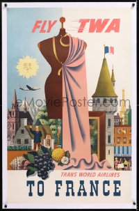 8y039 TWA FRANCE linen 25x39 travel poster 1950s great montage art of famous French landmarks!