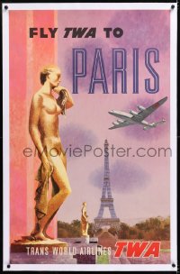 8y041 TWA PARIS linen 25x40 travel poster 1950s David Klein art of golden statues & Eiffel Tower!