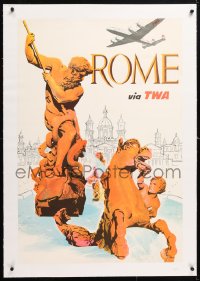 8y042 TWA ROME linen 25x37 travel poster 1950s Klein art of Constellation aircraft over city!