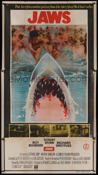 8z104 JAWS Indian 3sh 1975 completely different art of bloody shark by terrified beachgoers, rare!