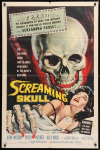 8z169 SCREAMING SKULL 1sh 1958 great horror art of huge skull & sexy girl grabbed by skeleton hand!