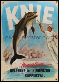 8z099 KNIE'S KINDERZOO 36x50 German zoo poster 1966 Fauquex art of man feeding leaping dolphin!