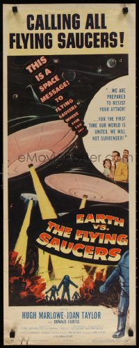 9a034 EARTH VS. THE FLYING SAUCERS insert 1956 Ray Harryhausen classic, cool art of UFOs & aliens!