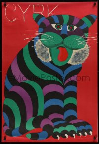 9a092 CYRK Polish 26x38 circus poster 1971 colorful Hilscher art of tiger with tongue stuck out!