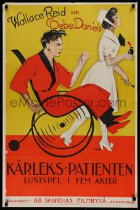 9a119 SICK ABED Swedish 1922 art of nurse Bebe Daniels & Wallace Reid in wheelchair, very rare!