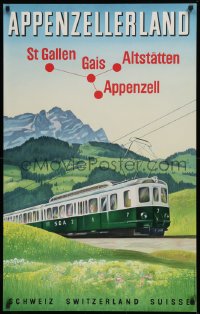 9a087 APPENZELL RAILWAYS 25x40 Swiss travel poster 1950 art of train with mountains in background!
