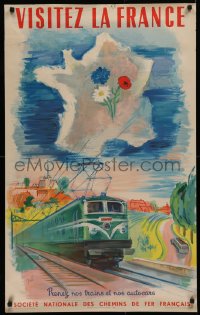 9a080 FRENCH NATIONAL RAILROADS 24x39 French travel poster 1952 Tal art of train w/flowers in cloud!