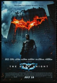 9c552 DARK KNIGHT int'l advance DS 1sh 2008 Christian Bale as Batman in front of burning bat symbol!