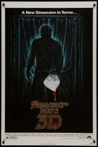 9c600 FRIDAY THE 13th PART 3 - 3D 1sh 1982 slasher sequel, art of Jason stabbing through shower!