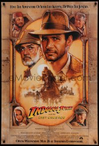 9c661 INDIANA JONES & THE LAST CRUSADE advance 1sh 1989 Ford/Connery over a brown background by Drew