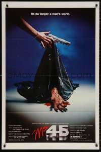 9c763 MS. .45 1sh 1981 Abel Ferrara cult classic, cool body bag image and bloody hand!