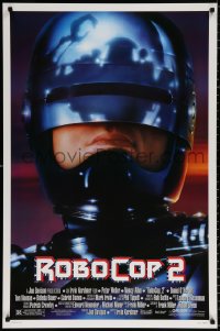 9c830 ROBOCOP 2 DS 1sh 1990 great close up of cyborg policeman Peter Weller, sci-fi sequel!