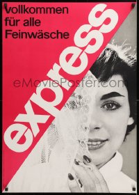 9c102 EXPRESS 25x35 Swiss advertising poster 1959 woman looking at clean lace material!