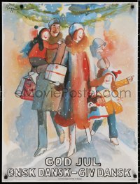 9c269 GOD JUL 24x31 Danish special poster 1980 Maggi Baaring art of a happy family carrying gifts!
